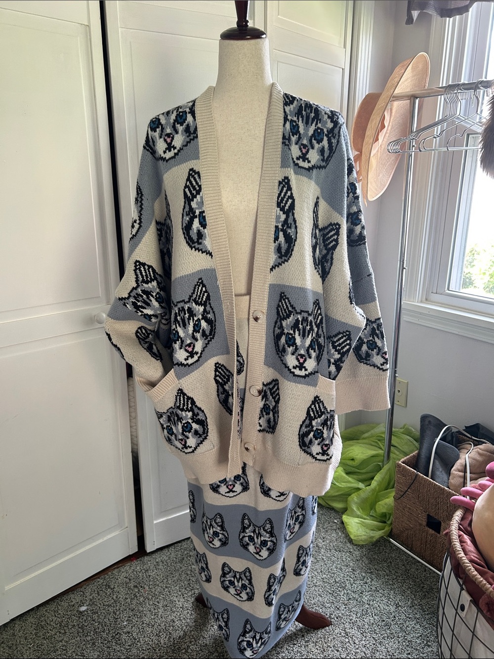 Dressed in LALA Cat Pattern Cardigan and Skirt Set - Beige & Light Blue